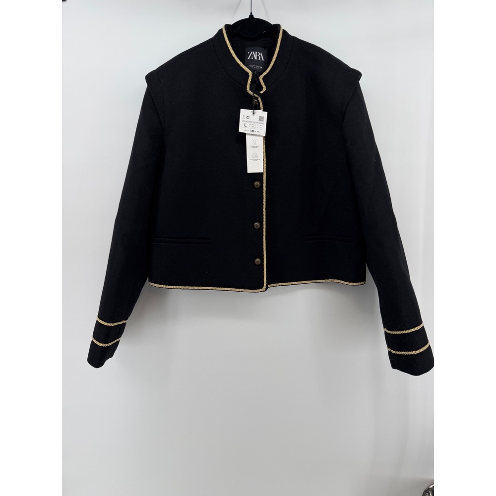 Zara Black Wool Blend Cropped Military Jacket Gold Trim Mandarin Collar Large